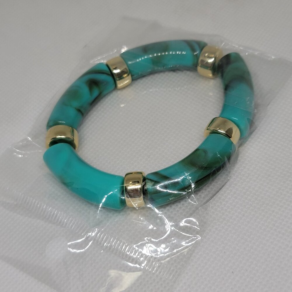 Gold Tone Turquoise Acrylic Stretch Bangle - 7" Stackable New - Picture 2 of 8